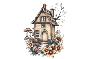 Fall themed cottage surrounded by mushrooms, a snail, add some falling leaves off the tree branches, falling rain, and fall themed flowers as background filler tattoo idea