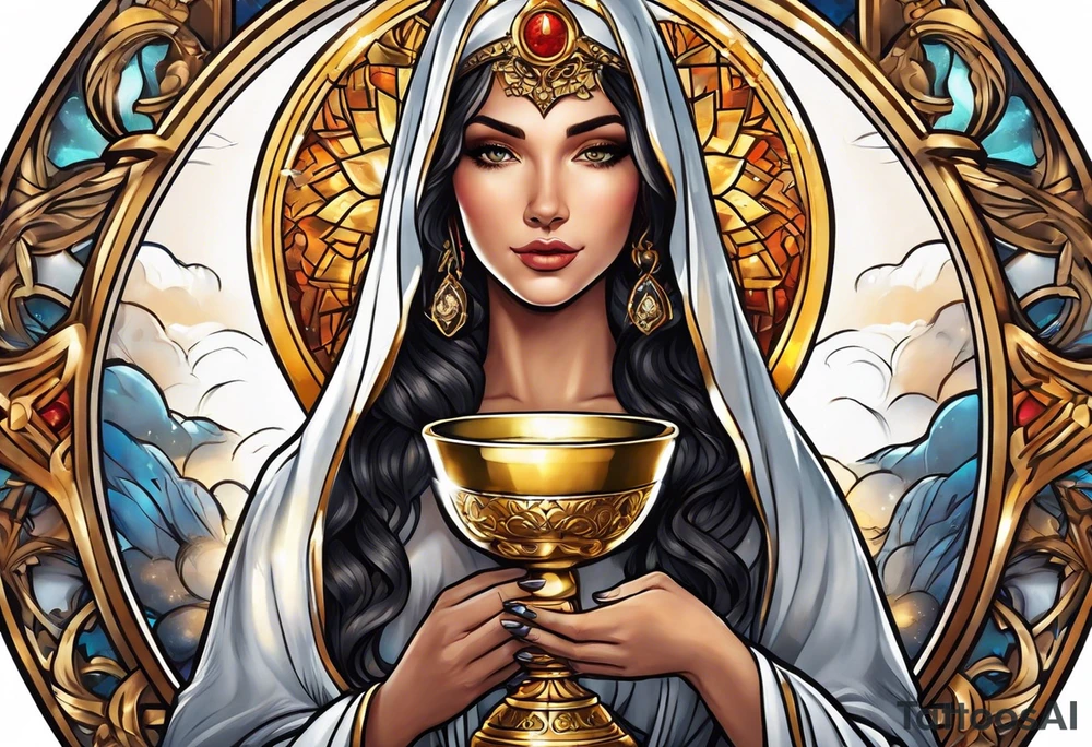 woman saint holding chalice surrounded by golden halo portrait tattoo idea