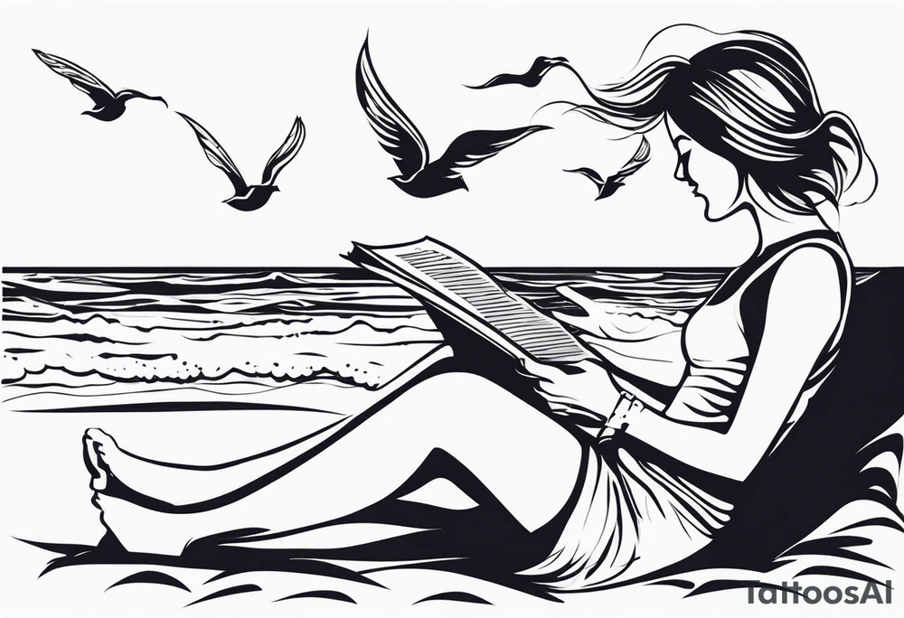 Someone is sitting on the beach reading a book and the pages are flying in the wind, the purpose of the tattoo is to emphasize that just as the pages are flying in the wind, you also have to flip through situations in life tattoo idea