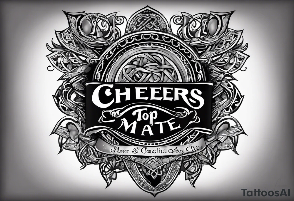 "Cheers Mate" text black and grey ink armband +Celtic +grey Cancer Ribbon +tribal +artistic tattoo idea