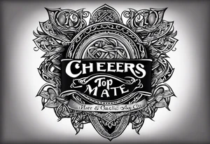 "Cheers Mate" text black and grey ink armband +Celtic +grey Cancer Ribbon +tribal +artistic tattoo idea