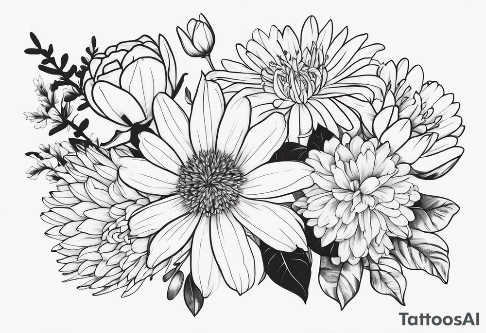 Asters, roses, Lillies, chrysanthemums in a long line tattoo idea