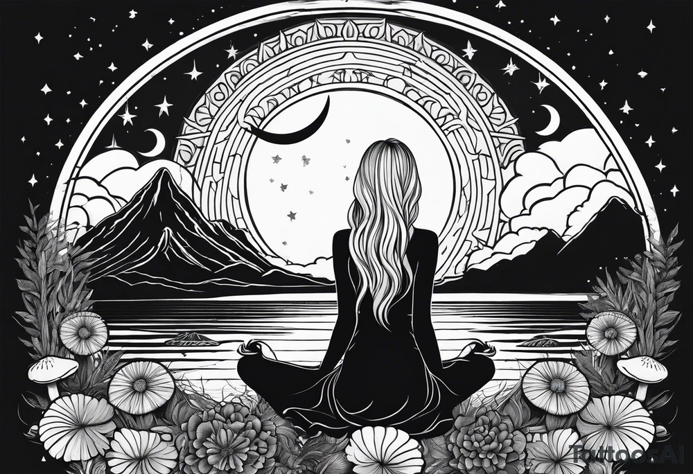 Straight blonde hair girl meditating facing away toward mountains surrounded by mushrooms crescent moon mandala circular design black and white striped dress tattoo idea