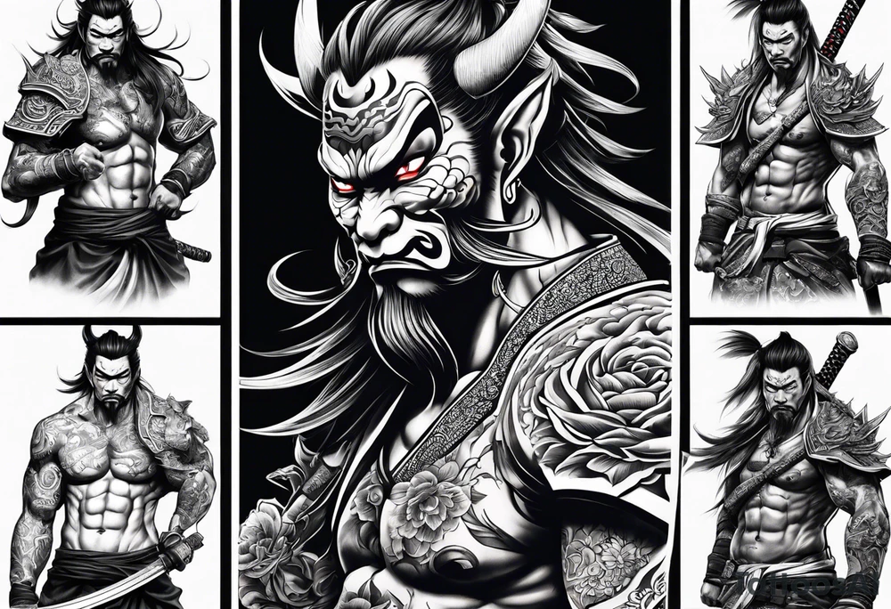 Asian tattoo back design yakuza demon zombie warrior swords tattoo idea