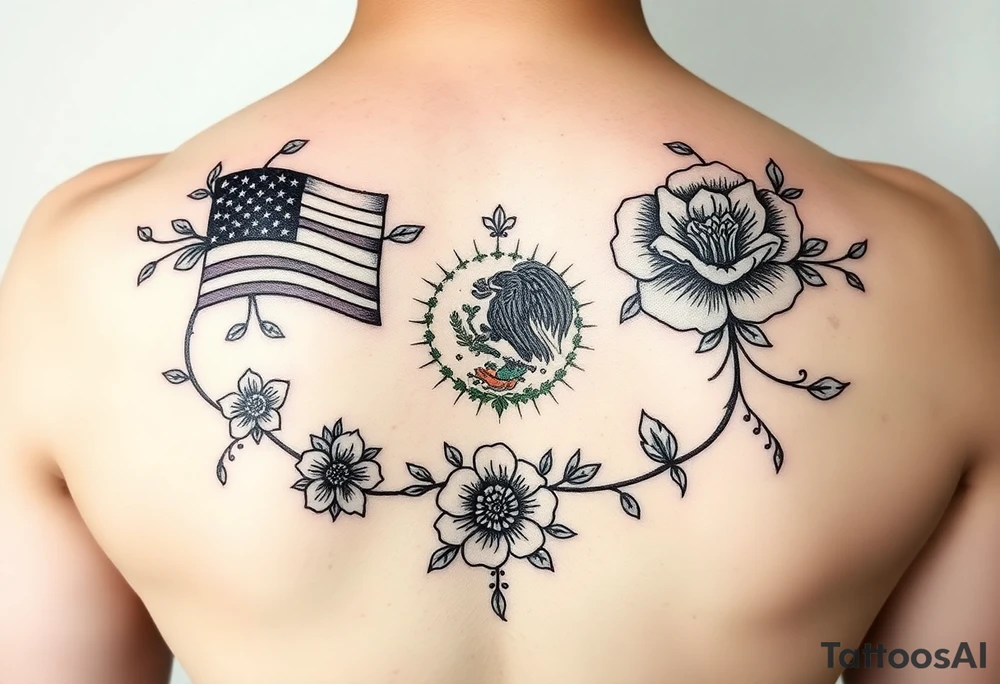 Small, feminine tattoo for placement on my clavical or lower back that reflects new life journey, delicate florals, ornaments and vines. Include U.S and Mexican flags and images of Mexican flowers. Style as if painted on a Mexican tile and include red, green and blue accents. tattoo idea