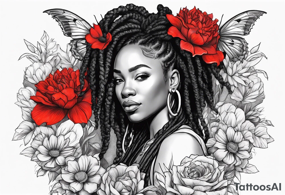 Black woman with locs and flowers with red dragon tattoo idea