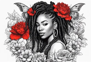Black woman with locs and flowers with red dragon tattoo idea