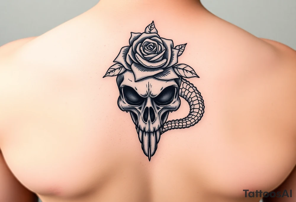 Skull with alligator coiled around it with a Tudor rose above tattoo idea