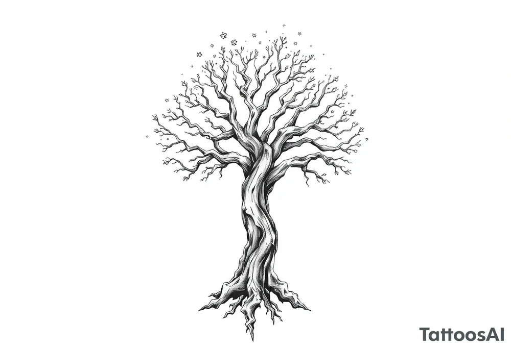 mystical tree of life with cosmic roots and celestial branches tattoo idea