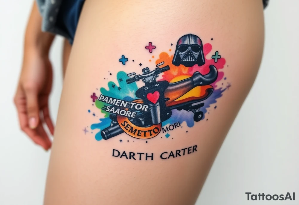 colorful futuristic memory tattoo for passed boyfriend;, star wars, Harley Davidson, skateboarding, puzzle pieces, video games, heaven, god, outdoors, 9mm bullet, words MEMENTO MORI & DARTH CARTER tattoo idea