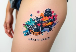 colorful futuristic memory tattoo for passed boyfriend;, star wars, Harley Davidson, skateboarding, puzzle pieces, video games, heaven, god, outdoors, 9mm bullet, words MEMENTO MORI & DARTH CARTER tattoo idea