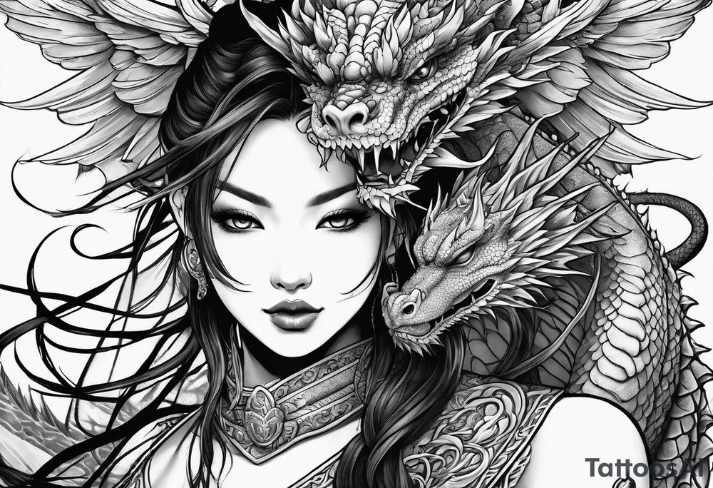 beautiful warrior nymph with dragon wings and a dragon friend tattoo idea