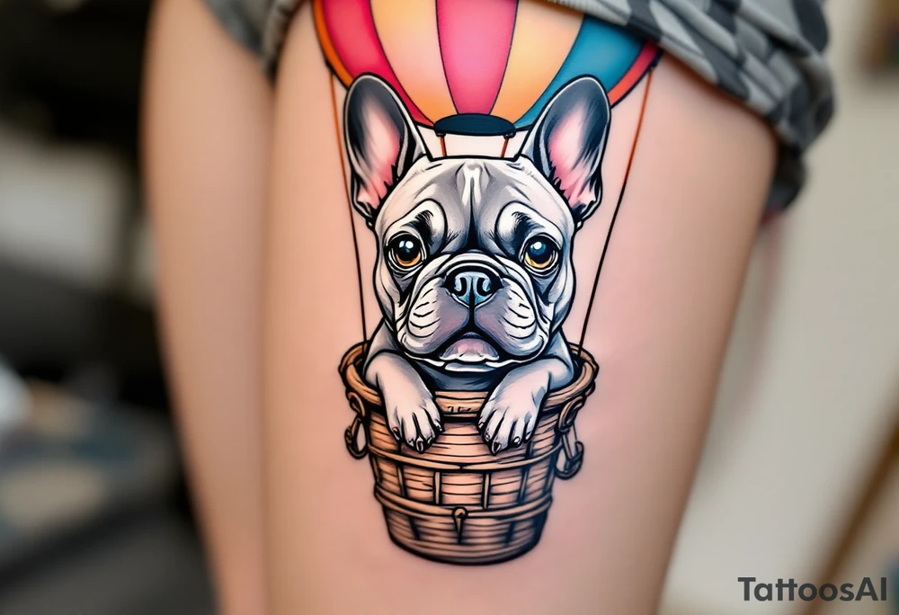 French Bulldog in a hot air balloon, head sticking out of a basket, fur in light ash gray with the balloon in pastel sky colors. tattoo idea