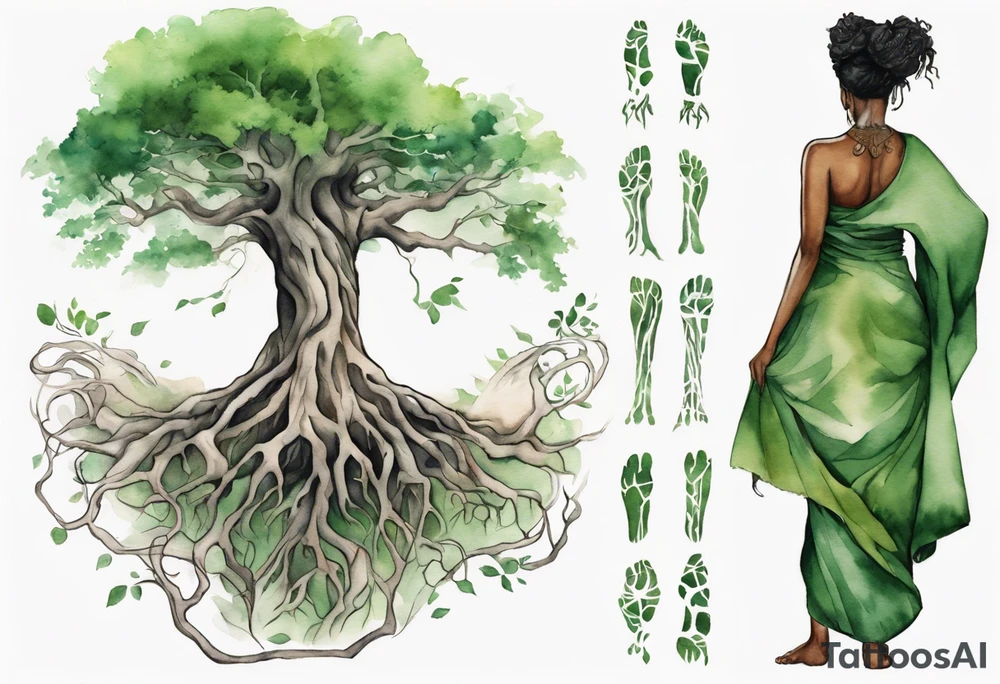 a tree trunk with roots that is a black woman from the waist up, feet made of tree roots, wearing a green tunic, arms reaching upward tattoo idea