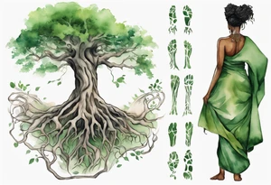 a tree trunk with roots that is a black woman from the waist up, feet made of tree roots, wearing a green tunic, arms reaching upward tattoo idea