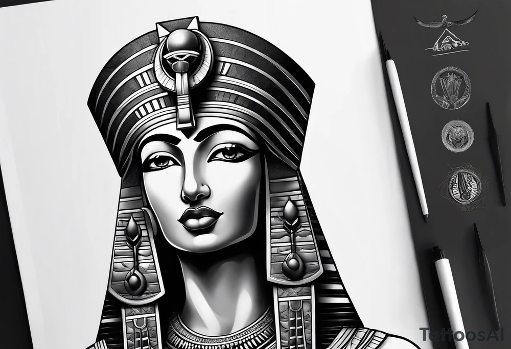 black and gray photo realistic goddess isis with minimal detail tattoo idea