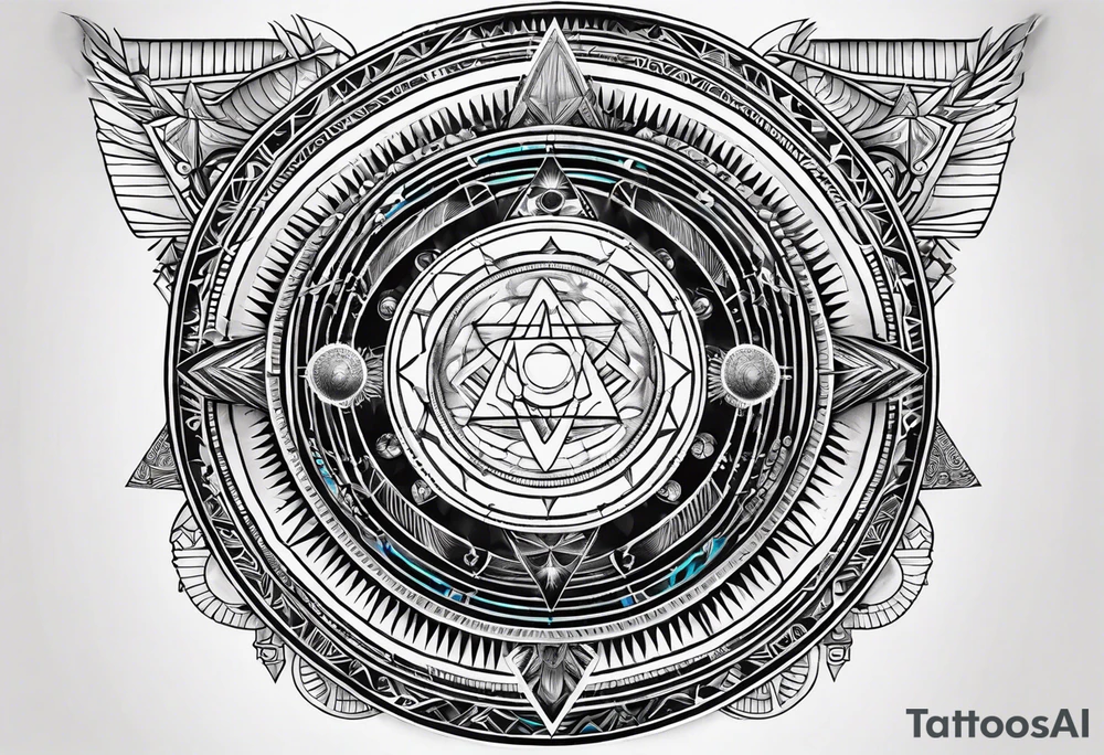 sacred geometry, tropical, egyptian symbols, chakras, black and white with hints of blue tattoo idea