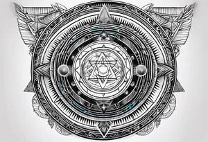 sacred geometry, tropical, egyptian symbols, chakras, black and white with hints of blue tattoo idea