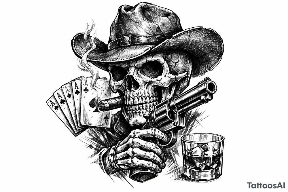 skull with cowboy-hat, cigar in his mouth, a gun in a hand, playing cards, whiskey-glass. tattoo idea