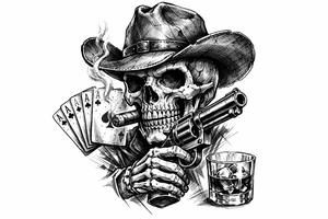 skull with cowboy-hat, cigar in his mouth, a gun in a hand, playing cards, whiskey-glass. tattoo idea