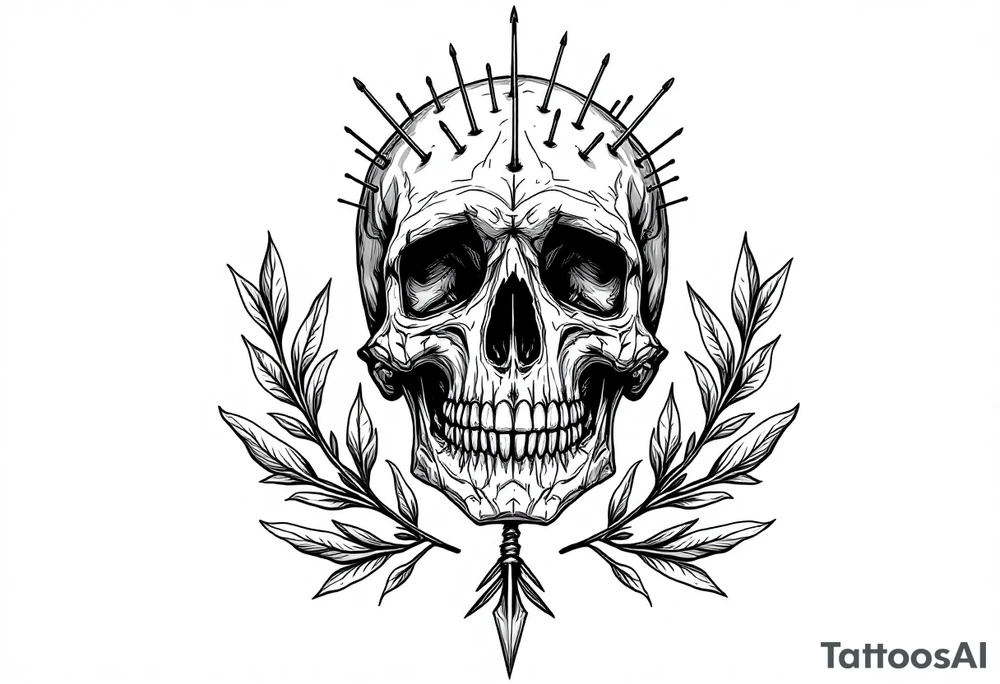 a sad skull whose head  stand out by needles and under the head come down an  arrow and surrounded  by two olive tree leaf around tattoo idea