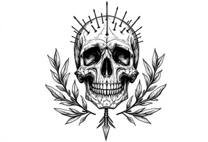 a sad skull whose head  stand out by needles and under the head come down an  arrow and surrounded  by two olive tree leaf around tattoo idea