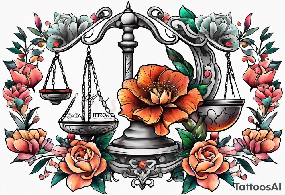 Sleeve with libra and flowers tattoo idea