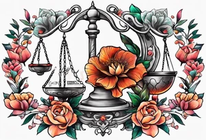 Sleeve with libra and flowers tattoo idea