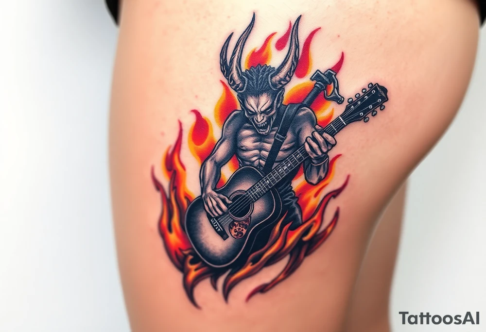 A demonic figure emerging from flames, holding a shattered guitar, set against a fiery backdrop with dark reds, oranges, and yellows tattoo idea