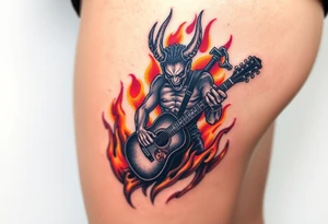 A demonic figure emerging from flames, holding a shattered guitar, set against a fiery backdrop with dark reds, oranges, and yellows tattoo idea
