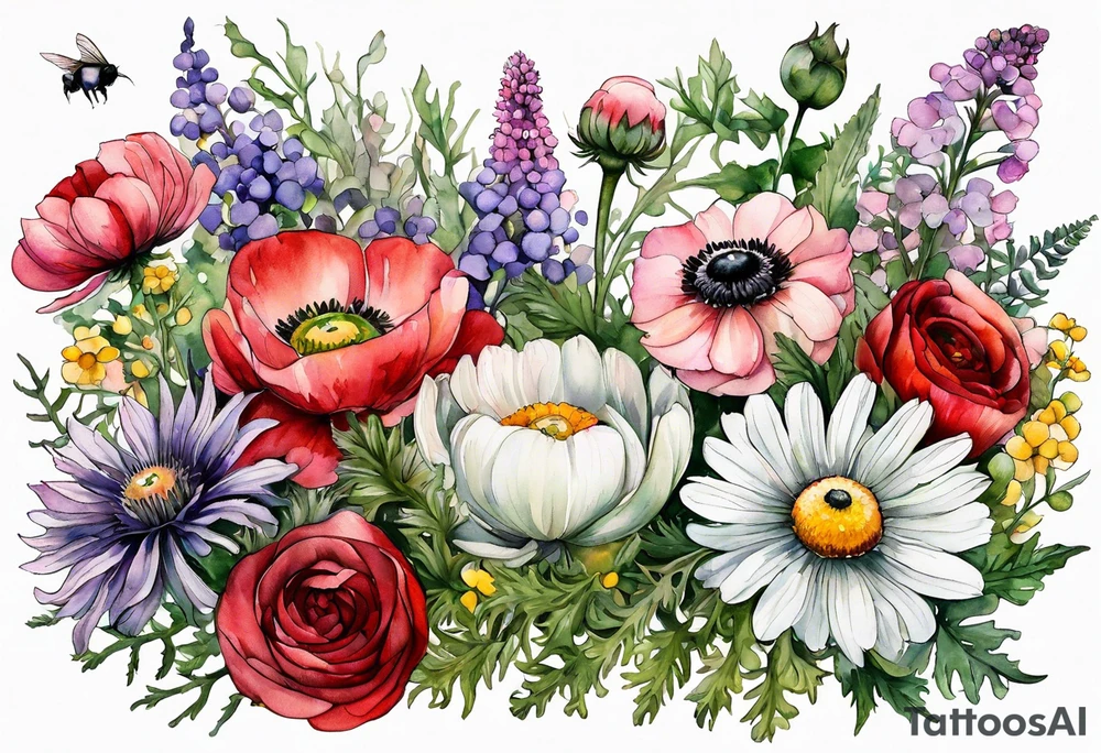 wildflowers with thistles, ferns, ranuculus, white anemones with black center, sun flowers, red flowers, pink flowers, purple flowers, buttercups, babys breath, daisies, and greenery all in watercolor tattoo idea