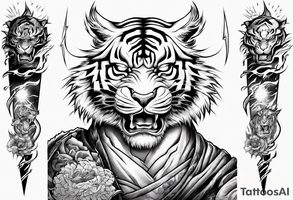 tiger warrior with lightning and the sun for a forearm sleeve tattoo idea