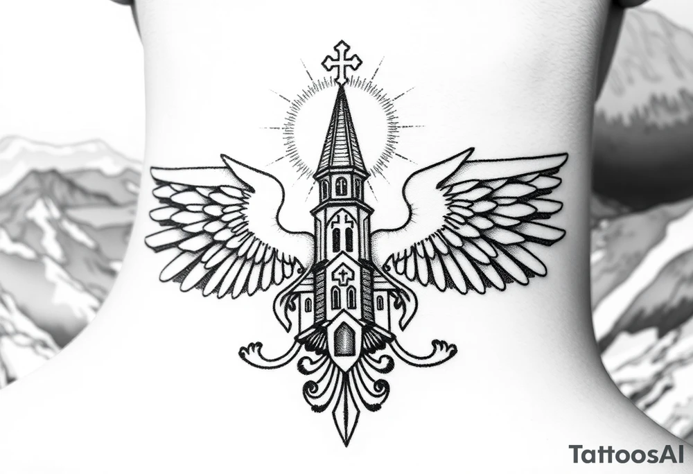 russian coat of arms with both heads visible & wings with an orthodox christian church being visible in a mountainous sun beaming setting, with the russian orthodox cross spire of the orthodox church being visible with a sun beaming in the background that the cross sits inside tattoo idea