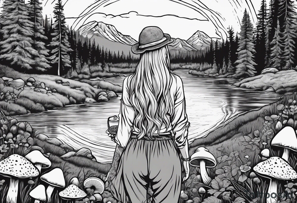 Whole picture encircled fully

Straight long blonde hair hippie girl in distance holding mushrooms in hand facing away toward mountains and creek surrounded by mushrooms long sleeve shirt and hiking pants; whole rendering within a full circle, no cut off circle tattoo idea
