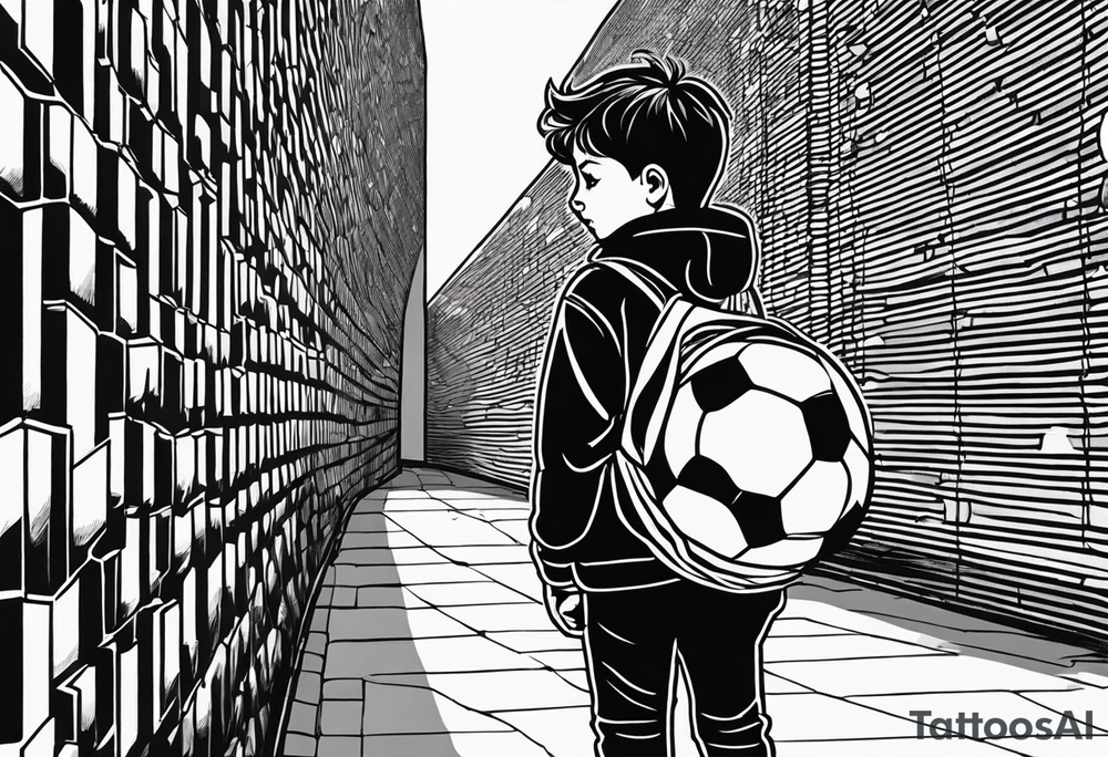 Draw me a young boy, with a football in his hand, looking over a wall to see a football field, he's over the school books to see over the wall tattoo idea
