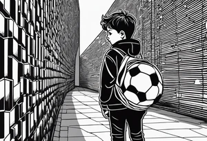 Draw me a young boy, with a football in his hand, looking over a wall to see a football field, he's over the school books to see over the wall tattoo idea