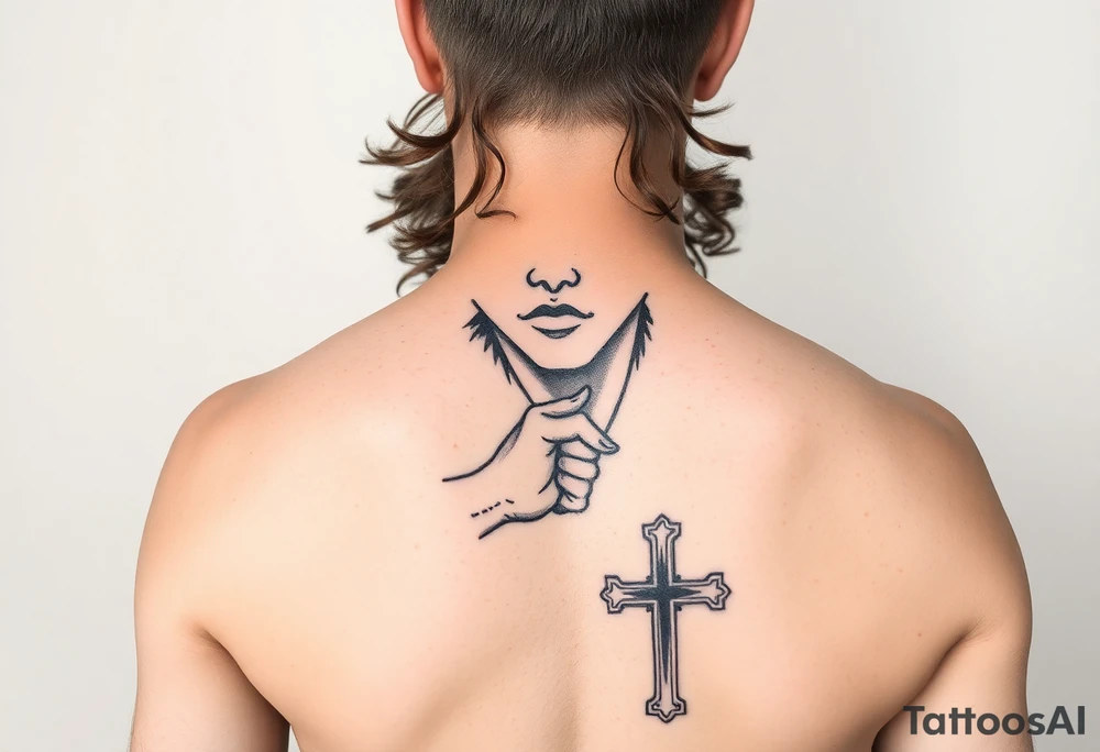 i want a picture of a teenage boy around 17 thats mix and has curly hair falling into the ebassy but jesus reaching down grabbing his hand with a cross in the mix tattoo idea