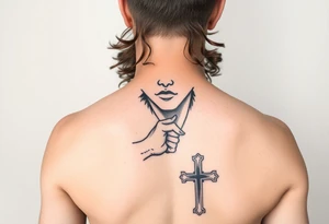 i want a picture of a teenage boy around 17 thats mix and has curly hair falling into the ebassy but jesus reaching down grabbing his hand with a cross in the mix tattoo idea