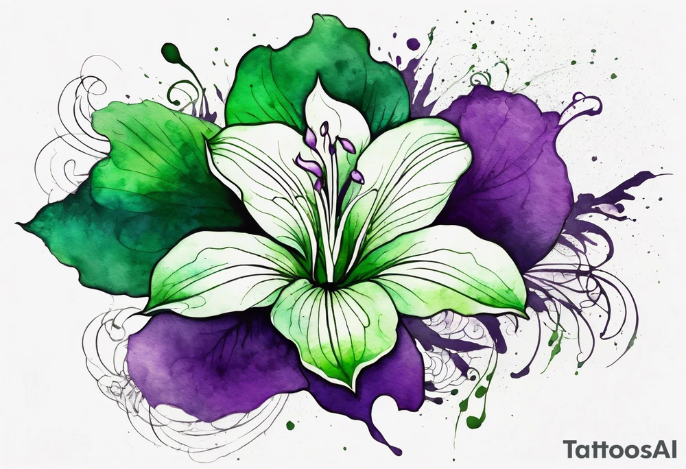 A mystical outline of a green and purple rio dipladenia flower and a green and purple watercolor splash in the background tattoo idea