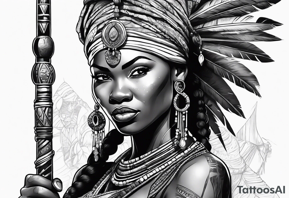 African woman warrior holding spear with deadlocks and earrings. With African setting in the background tattoo idea