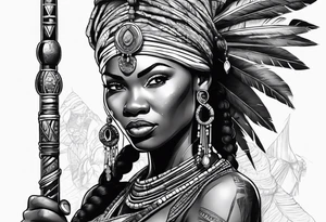 African woman warrior holding spear with deadlocks and earrings. With African setting in the background tattoo idea