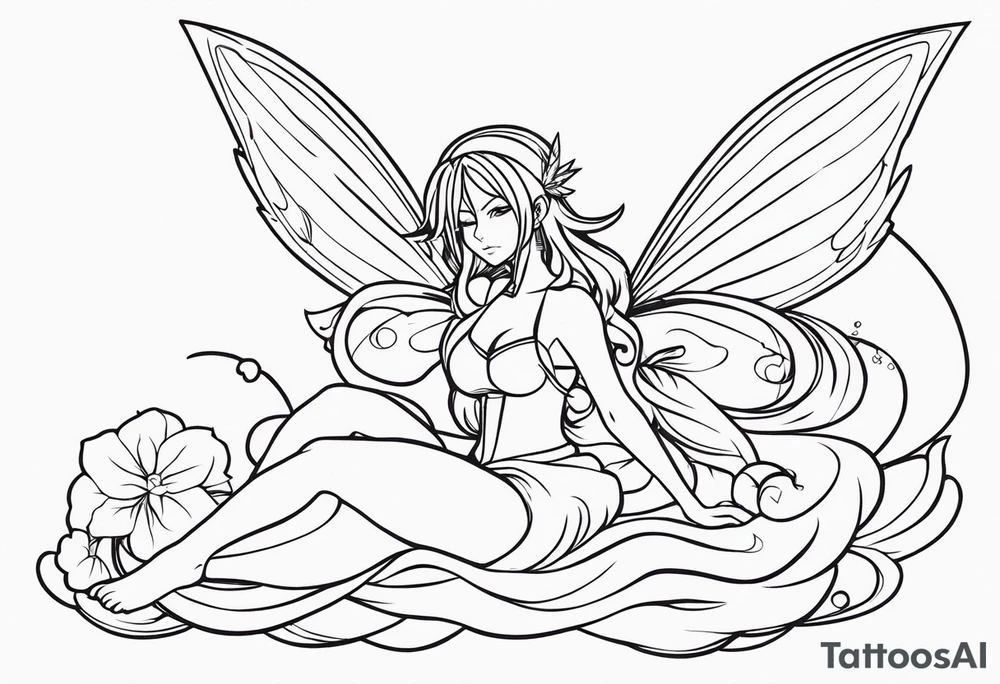 No color fairy with a tail inspired by the logo of the anime show called Fairy Tail in a fetal position leaning in and forward while in the air floating and sleeping tattoo idea