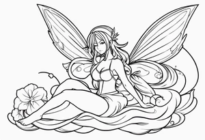 No color fairy with a tail inspired by the logo of the anime show called Fairy Tail in a fetal position leaning in and forward while in the air floating and sleeping tattoo idea