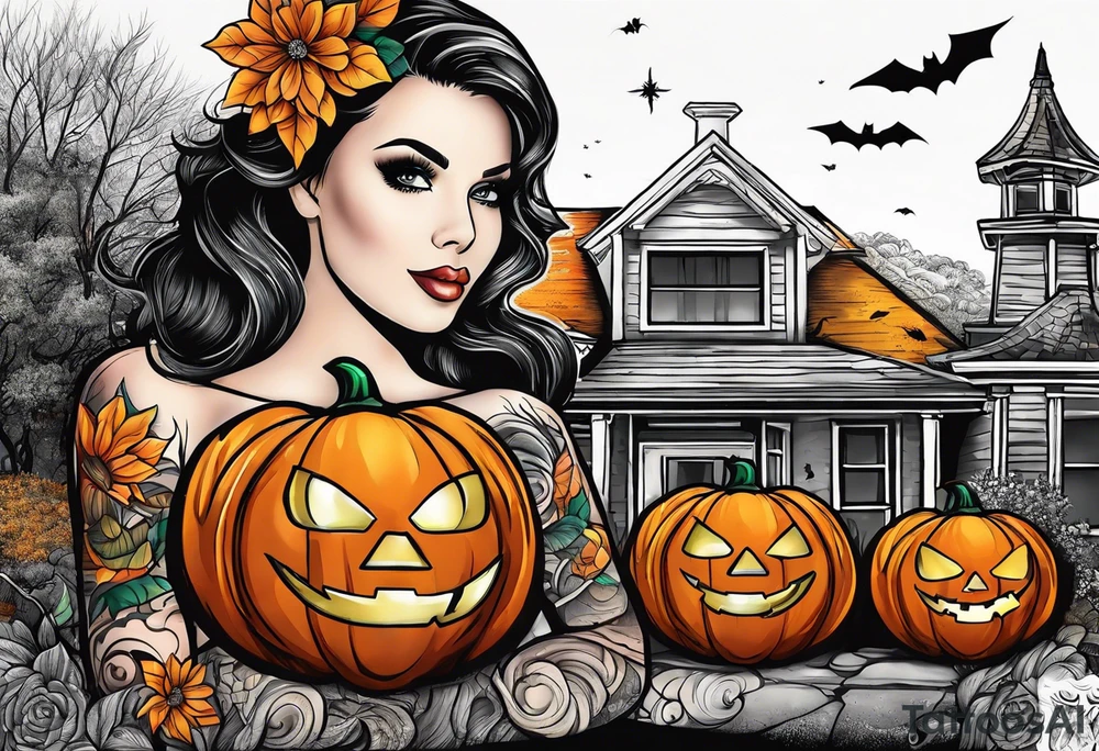 Midwestern street in fall with Halloween pumpkin tattoo idea