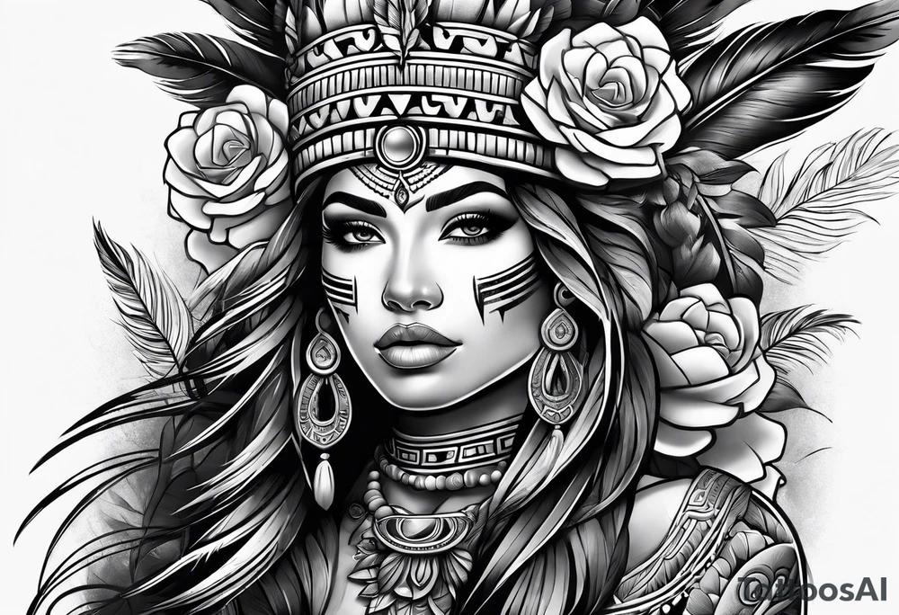 Aztec princess, feather roses tattoo idea