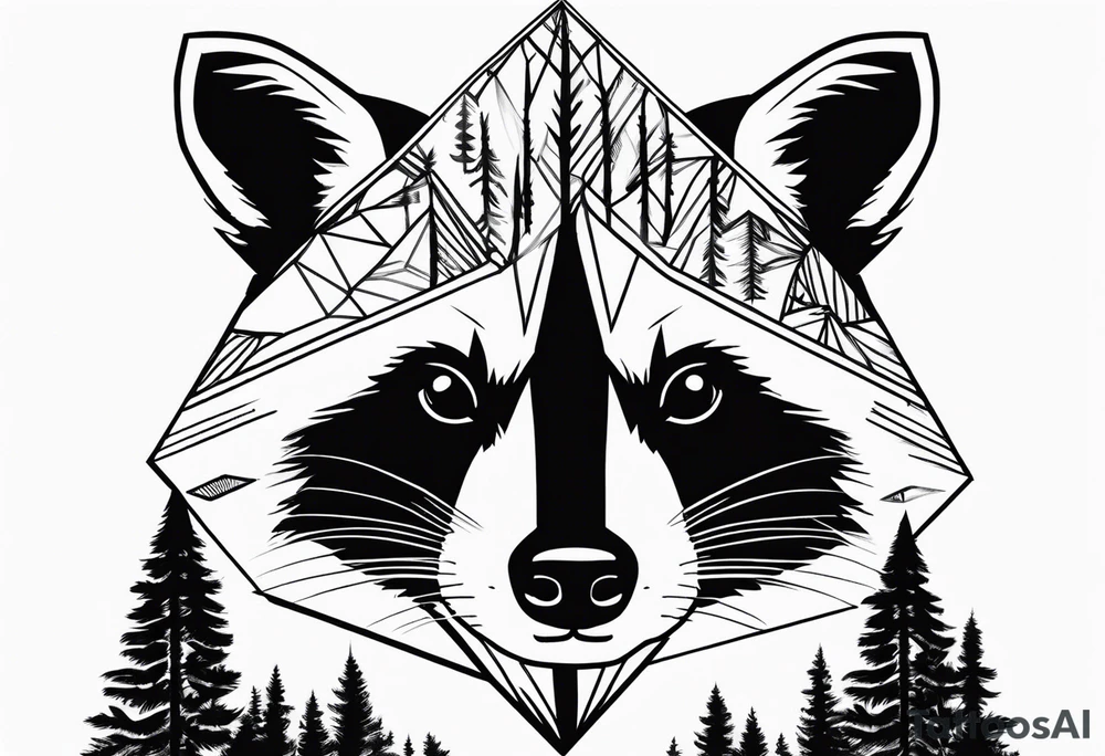 Portrait of raccoon with trees in background in the shape of a diamond tattoo idea