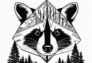 Portrait of raccoon with trees in background in the shape of a diamond tattoo idea