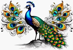 Peacock. Music. Bird or paradise flowers. tattoo idea
