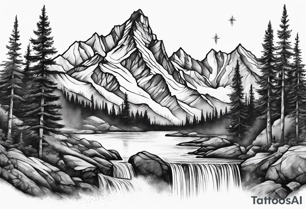 mountains, nature, stars, cross, waterfall, water tattoo idea