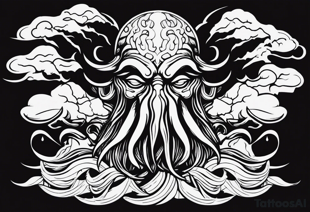 Cthulhu face surrounded by storm clouds with white lightning tattoo idea Cthulhu face surrounded by storm clouds with white lightning tattoo idea